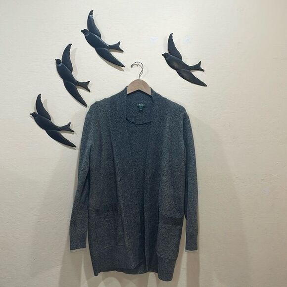 Roots Canada Cotton Blend Marled Dark Gray Open Front Cardigan Striped Cuff - M - Picture 3 of 9